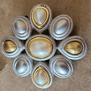 Monet Brushed Silver and Gold Pearly Brooch